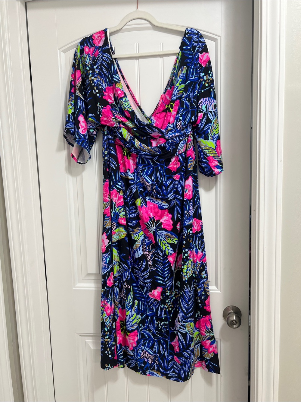 Lilly Pulitzer Navy Blue Floral Wrap Dress with Hot Pink Accents